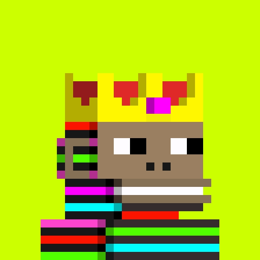A colorful pixel art portrait of a character wearing a crown with a gem, featuring bright magenta hair accents and a rainbow-striped body on a yellow-green background.