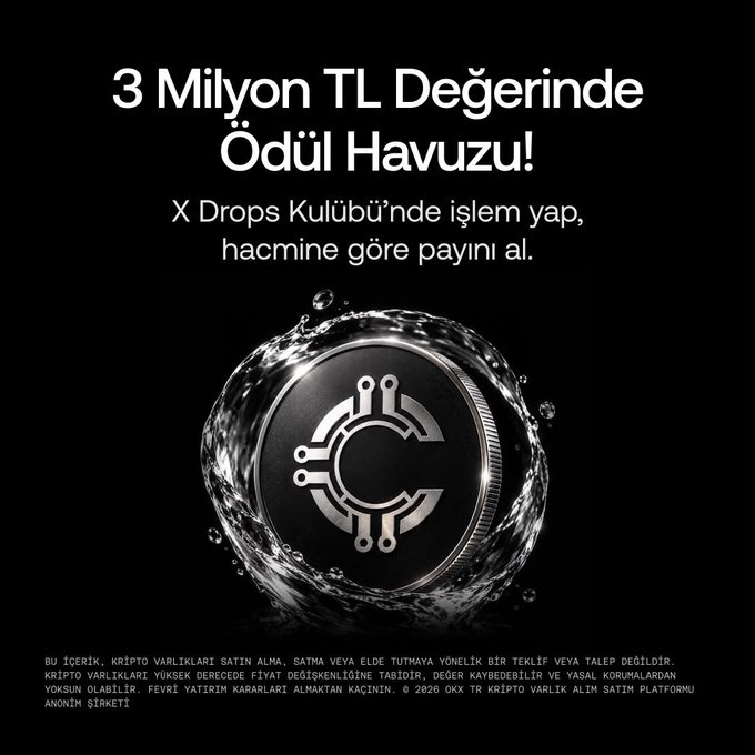 A black promotional graphic in Turkish reads '3 Milyon TL Değerinde Ödül Havuzu!' advertising a 3 million TL prize pool from the OKX TR crypto exchange.