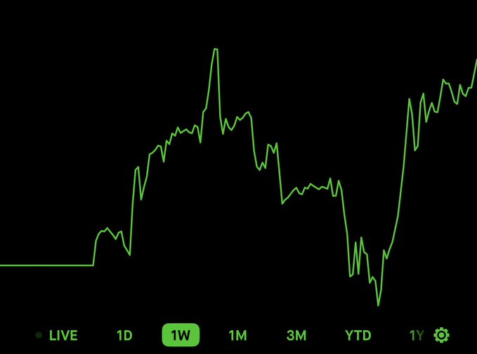 A green line chart on a black background displays a stock's 1-week performance, showing significant volatility with a sharp peak, followed by a steep decline to a low point near the bottom, and a strong recovery rally at the end. The interface includes navigation options like "LIVE," "1D," "1W," "1M," "3M," "YTD," "1Y," and a settings icon, illustrating the dramatic ups and downs that come with holding investments long-term—reinforcing the post's message that "sometimes being a HODL maxi works out."