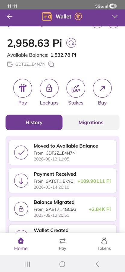 A screenshot of a Pi Network Wallet mobile app showing a balance of 2,958.63 Pi with transaction history including 'Moved to Available Balance', 'Payment Received', and 'Balance Migrated'.
