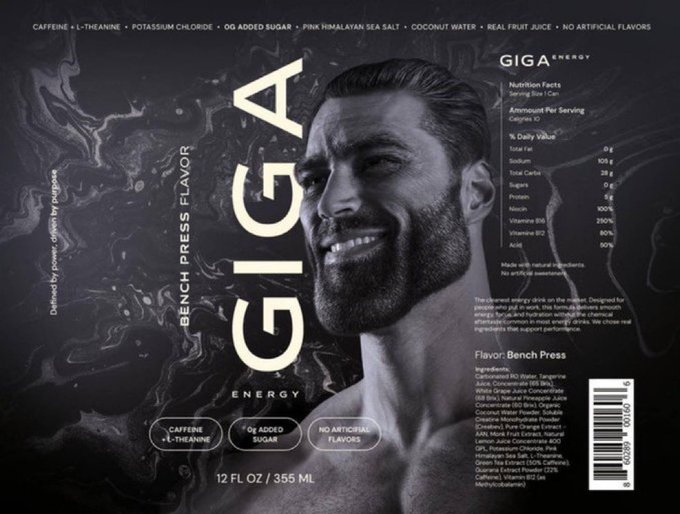 A label for GIGA Energy drink, 'BENCH PRESS FLAVOR', features a black-and-white image of a muscular, bearded man smiling, with ingredients listed including caffeine and L-theanine.
