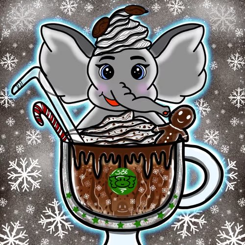 A whimsical digital illustration shows a cartoon elephant with whipped cream on its head, emerging from a mug of hot chocolate topped with whipped cream and a gingerbread man, set against a snowy background with snowflakes.