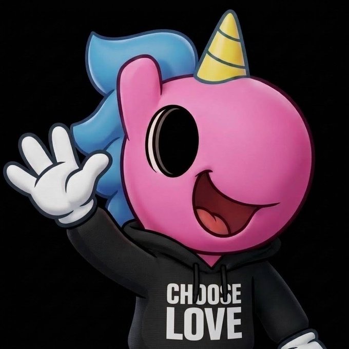 A pink cartoon unicorn character with a blue mane waves while wearing a black hoodie that reads 'CHOOSE LOVE'.