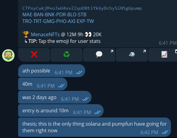 A Discord chat shows a user with the handle "MenaceNFTs" and the tip "Tap the emoji for user stats," followed by fragmented messages reading "ath possible," "40m," "was 2 days ago," and "entry is around 10m," suggesting a trading entry point. The post ties this to a bullish sentiment on the token $fone, implying a potential return to its all-time high.