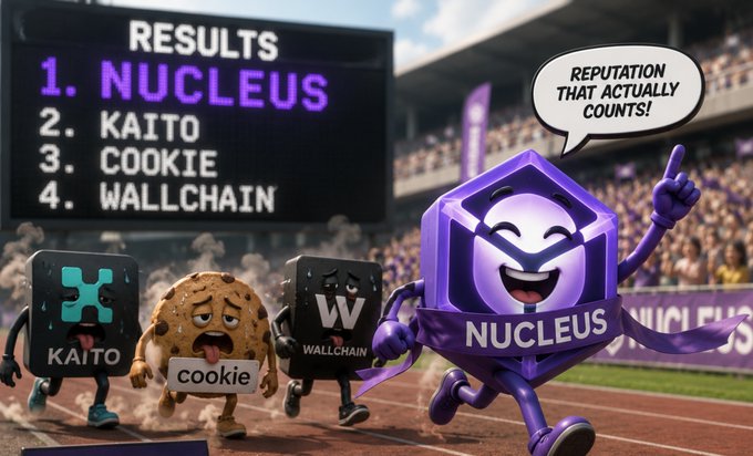 A cartoon-style race scene shows a purple hexagonal character labeled 'NUCLEUS' winning first place, with runners-up 'KAITO', 'COOKIE', and 'WALLCHAIN' trailing behind on a results board, accompanied by the text 'REPUTATION THAT ACTUALLY COUNTS!'.