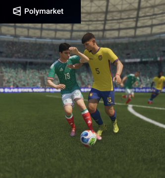 A video game screenshot of soccer players from Mexico and Ecuador competing for possession, branded with the "Polymarket" logo in the top left corner.