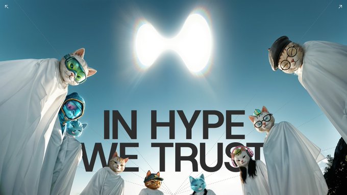 The image features a group of cats wearing white robes, standing together against a blue sky with a sunburst effect. The text "In Hype We Trust" is written above them, which could be interpreted as an advertisement or promotional message related to cryptocurrency or blockchain technology.