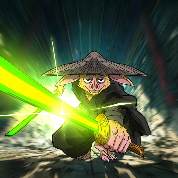 An anime-style illustration of a rabbit-like humanoid character wearing a straw hat and dark robes, wielding a glowing green energy sword in a dynamic pose.