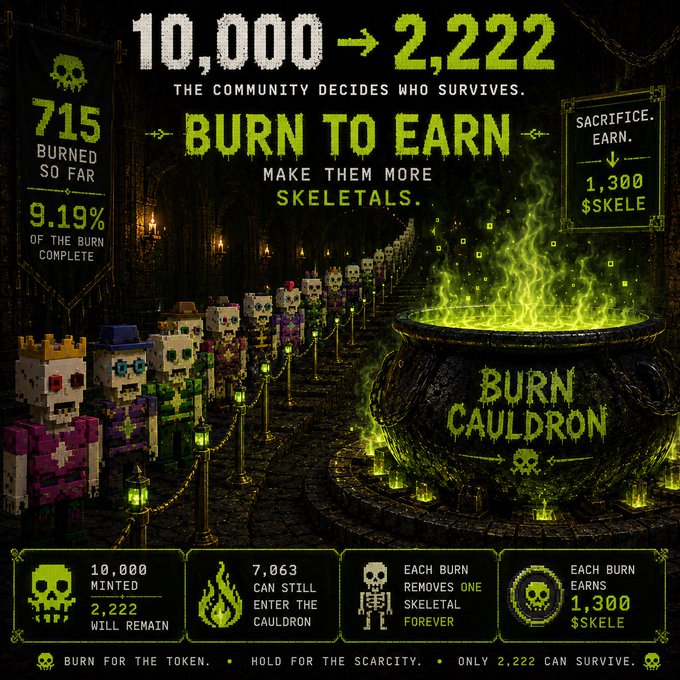 A 'BURN TO EARN' promotional graphic for a token, showing '10,000 → 2,222' and '715 BURNED SO FAR' (9.19%), featuring pixel skeleton characters lining up to a green burning 'BURN CAULDRON' with statistics at the bottom including 'EACH BURN EARNS 1,300 $SKELE'.