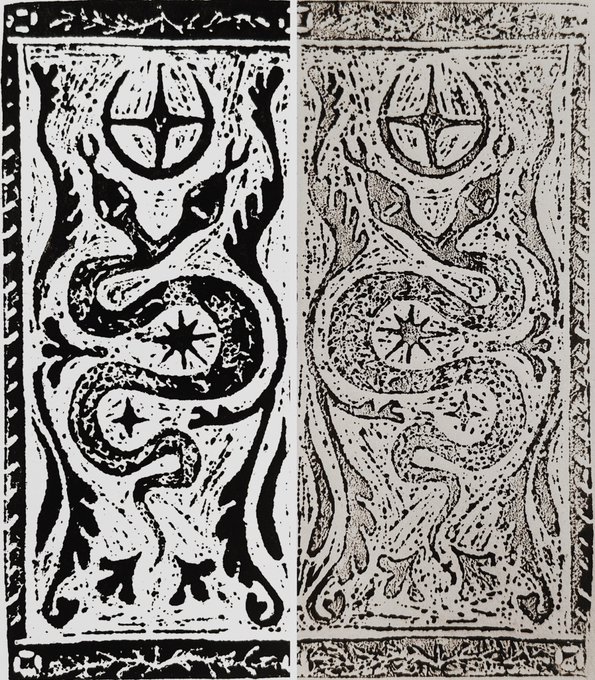 Black and white illustration of two symmetrical, stylized panels featuring serpentine dragon-like creatures coiling around central star motifs with crescent shapes above them.