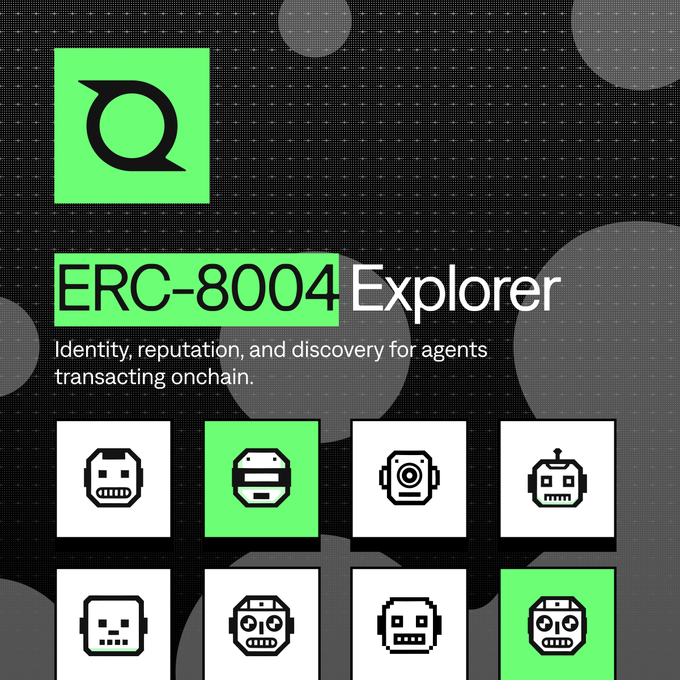 A graphic for 'ERC-8004 Explorer' features a green 'Q' logo and pixel-art robot faces, with the tagline 'Identity, reputation, and discovery for agents transacting onchain.'