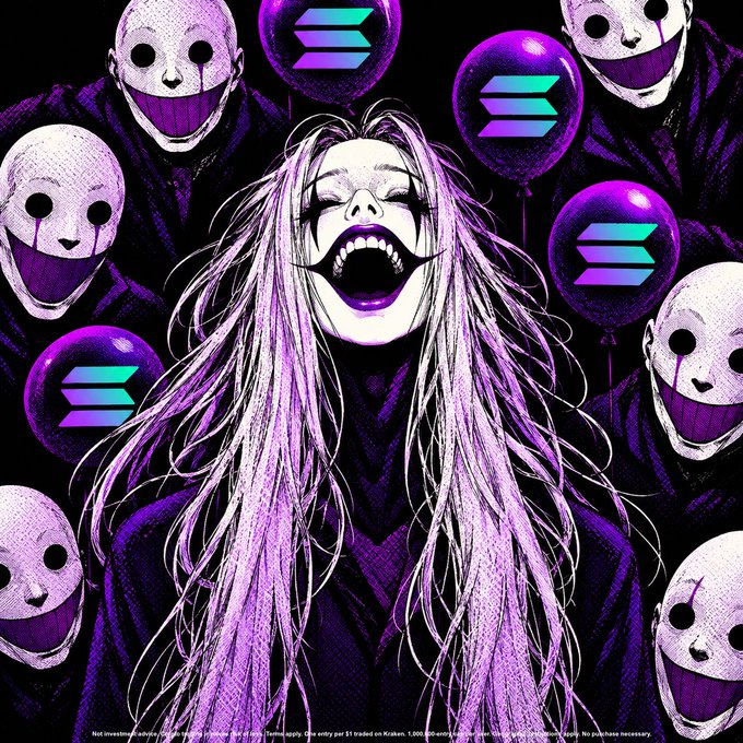 A stylized illustration of a screaming figure surrounded by masked entities and purple Solana (SOL) branded balloons.