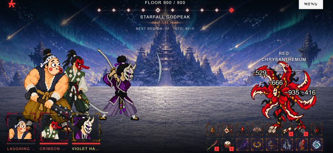 A pixel art video game scene showing three characters (Laughing, Crimson, Violet Ha.) battling "Red Chrysanthemum" on Floor 900/900 at "Starfall Godpeak."
