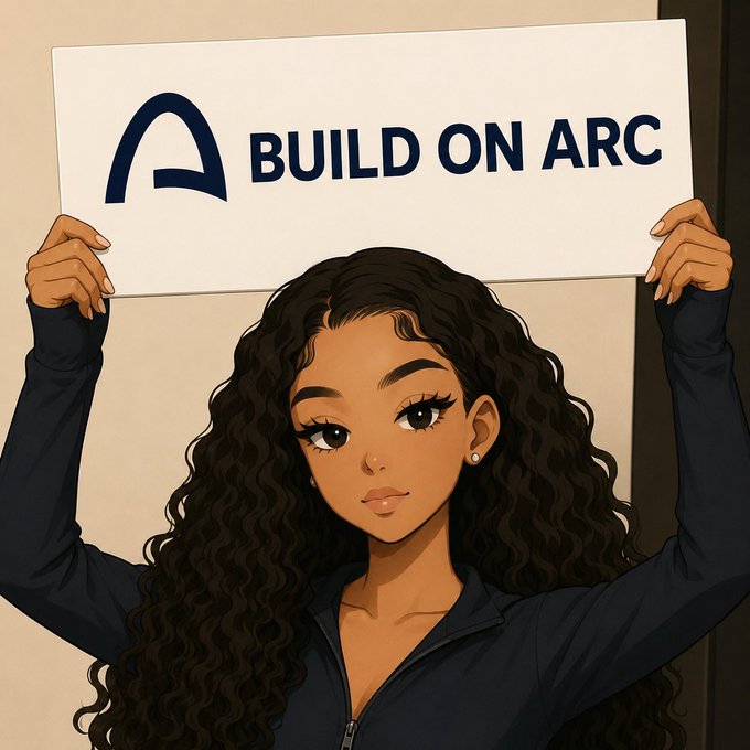 An illustrated young woman with long curly hair holds up a sign reading "BUILD ON ARC" alongside the Arc logo, visually endorsing the post's message that Arc provides an easy platform for builders to develop on.