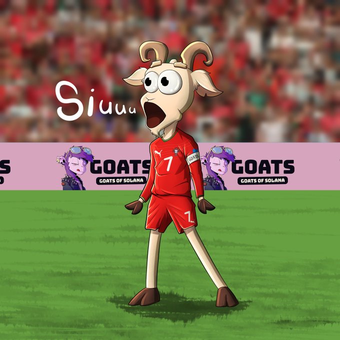 An animated goat character wearing a red soccer jersey with number 7 stands on a soccer field, with 'GOATS OF SOLANA' banners and 'Siuuu' text overlaid on the image.