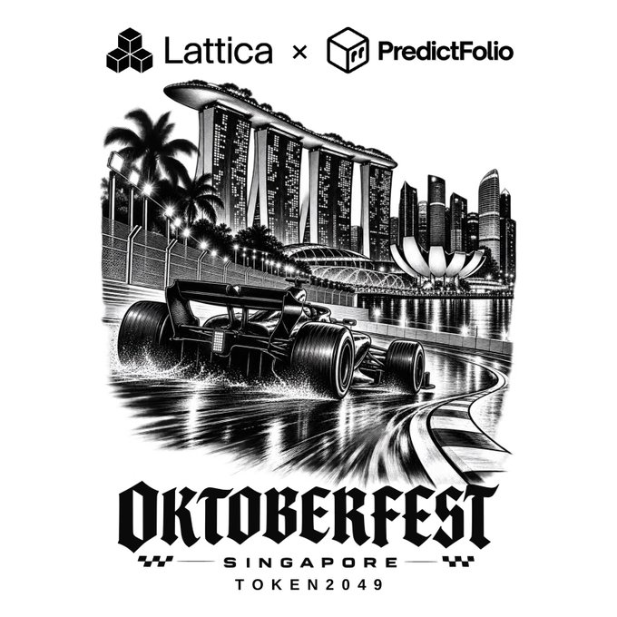 A black and white illustration of a Formula 1 car racing past the Singapore skyline and Marina Bay Sands, with text 'Lattica x PredictFolio' and 'OKTOBERFEST SINGAPORE TOKEN2049'.