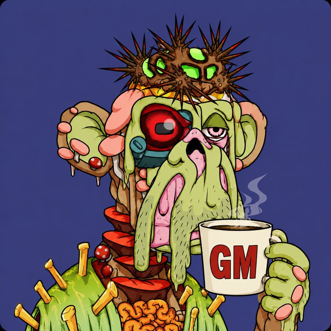 The image features a cartoon monkey holding a cup of coffee, with its face painted green and red eyes. The background is blue, which contrasts with the monkey's vibrant colors. The caption "GM，ape fam let' s connect more monkeys let' s make BAYC great again LFG" suggests that this image might be related to a social media post or a conversation about connecting with others through art and creativity.