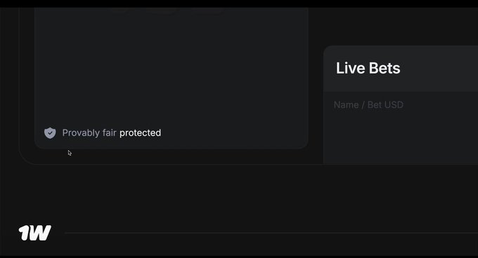 A dark-themed user interface displays a "Live Bets" panel on the right and a "Provably fair protected" badge with a shield icon on the left, with a "1W" logo in the bottom corner.