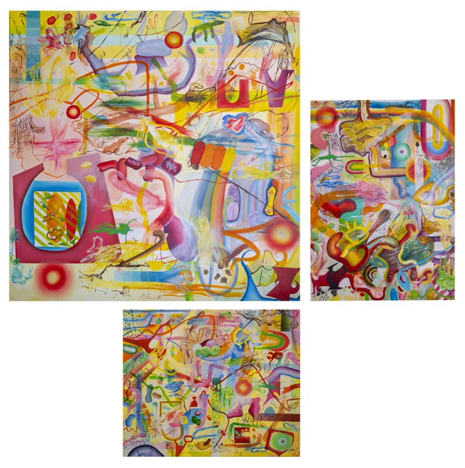 A vibrant, chaotic abstract artwork displayed in three panels of varying sizes, filled with colorful swirls, squiggles, shapes, and the word 'fun' repeated throughout in various fonts.