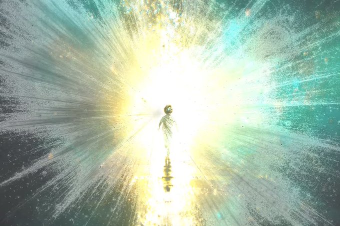 A digital artwork featuring a silhouetted figure standing before a brilliant burst of light in teal and yellow tones, with water-like splashes emanating outward.