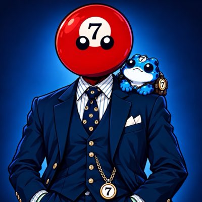 An anime-style illustration of a character with a billiard 7-ball for a head wearing a blue three-piece suit, with a blue frog perched on his shoulder.