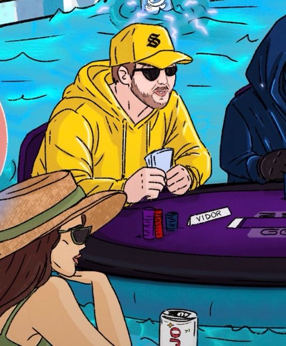 A cartoon-style illustration depicts a poker game in progress, featuring a man in a yellow hoodie and 'SB' cap holding cards, a woman in a straw hat and sunglasses, and various poker chips and cards on a purple table.