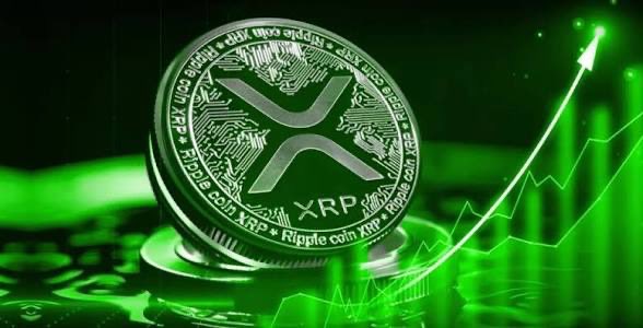 A physical XRP/Ripple coin sits illuminated in green alongside an upward-trending chart with an arrow, visually reinforcing the post's message of sustained bullish momentum as U.S. spot XRP ETFs record nine consecutive trading days of inflows totaling $23.87 million.