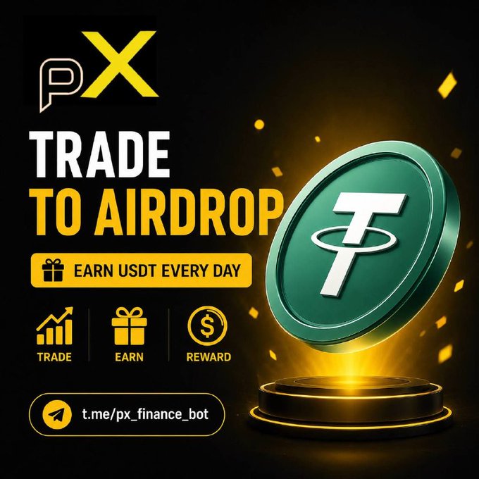 "Airdrop: PX Finance Trade-to-Earn Rewards Reward: Daily USDT rewards Winners: Active traders meeting daily point targets End Date: Ongoing Distribution Date: Daily at 17:00 UTC Talk to the Telegram Bot tme/px_finance_bot Information: PX Finance is an". The image focuses on a gold coin with a green border that says "Airdrop" above it, and there are three other coins depicted in the background. In the foreground of the picture, you can see a description below the coins providing more details about them.