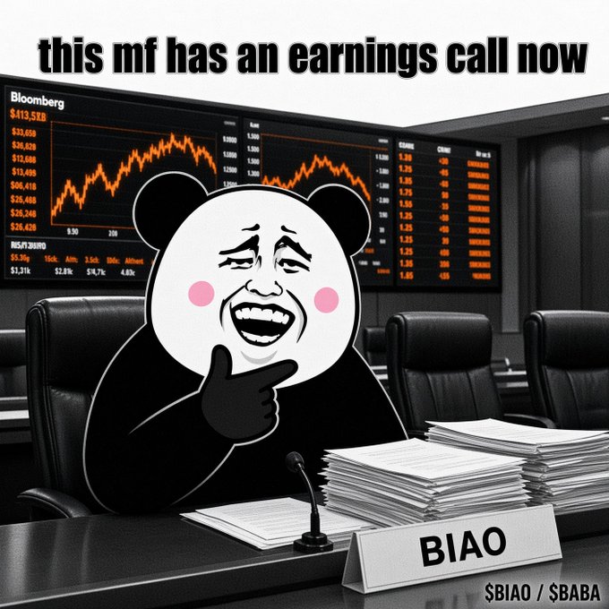 A panda meme face sits at a Bloomberg trading desk filled with stacks of papers and a nameplate reading "BIAO" next to a microphone, with a declining stock chart on screen and the ticker "$BIAO / $BABA" displayed in the corner. The caption "this mf has an earnings call now" reflects the poster's excitement about revisiting their $BIAO and $BABA trade plays from 2024-2025.
