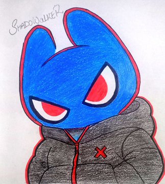 A hand-drawn colored pencil illustration of a blue hooded character with red eyes wearing a dark jacket, signed 'ShadowWalker' in the top left corner.
