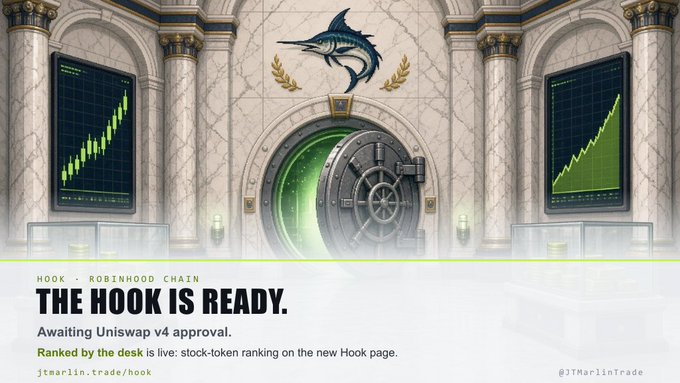 A promotional graphic for HOOK on the Robinhood Chain featuring a vault door flanked by green stock charts, with text reading 'THE HOOK IS READY. Awaiting Uniswap v4 approval. Ranked by the desk' and links to jtmarlin.trade/hook.