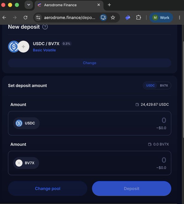 Screenshot of the Aerodrome Finance deposit page showing a new deposit for USDC/BV7X Basic Volatile pool (0.3%), with a USDC balance of 24,429.67 and deposit amount input fields.