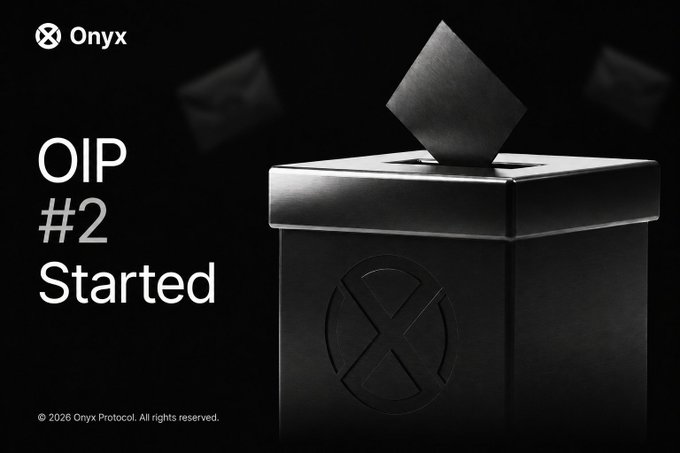 The image shows a sleek black box with the Onyx logo (an "X" inside a circle) being lifted to reveal a ballot being inserted, with text reading "OIP #2 Started" — visually representing the launch of the Onyx Improvement Proposal #2 for liquid staking governance voting. This aligns with the post announcing that $stXCN holders can now vote on the proposal via the Onyx governance platform.