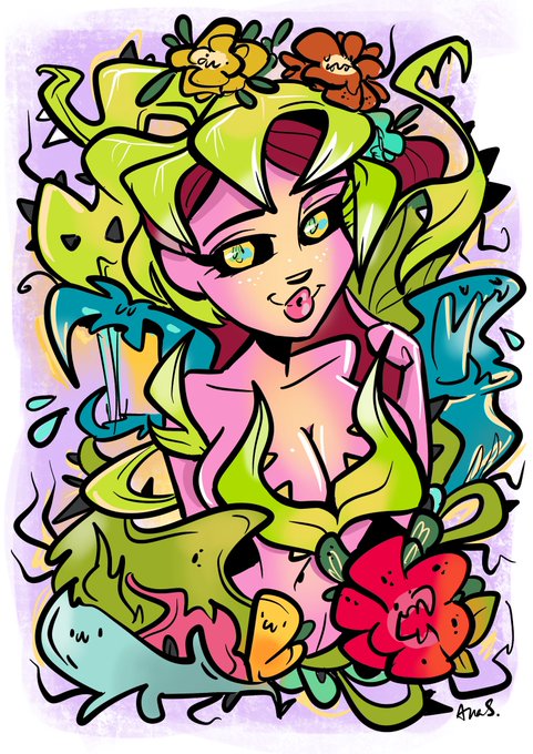 A vibrant, stylized digital illustration of a green-haired anime-style girl with a playful expression, surrounded by colorful flowers and leafy vines, signed "fus." in the corner.