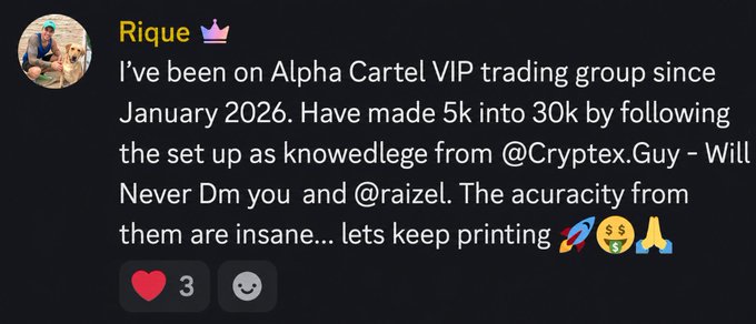 A Discord screenshot showing a testimonial from "Rique 👑" claiming he turned $5k into $30k since January 2026 by following setups from "Alpha Cartel VIP trading group" credited to users @Cryptex.Guy and @raizel. The image functions as social proof within a promotional post for the Alpha Cartel Discord trading community, with only 3 likes on the testimonial lending it minimal credibility.