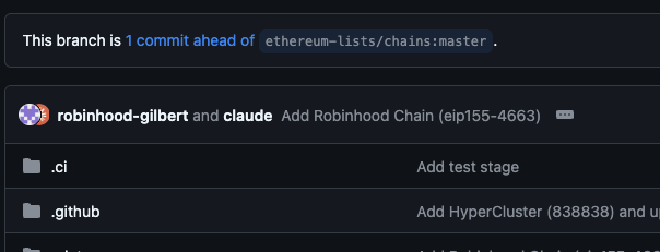 A GitHub pull request screenshot showing a branch ahead of ethereum-lists/chains:master, with the headline commit "Add Robinhood Chain (eip155-4663)" by robinhood-gilbert and claude, along with CI and .github file changes—supporting the rumor of Robinhood Chain mainnet launch with a leaked 90-stock list on its testnet.