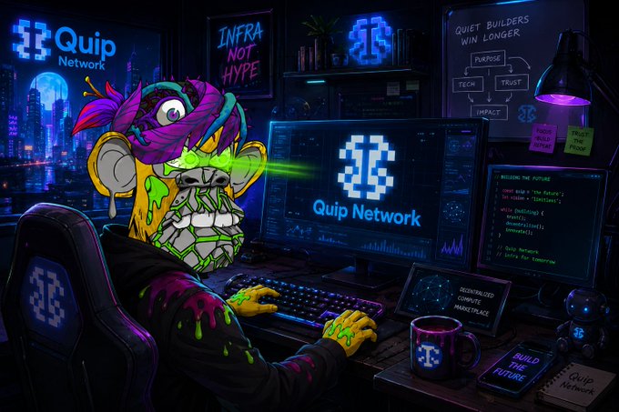 A vibrant digital illustration shows a colorful, melting monkey-like character typing at a desk with multiple screens displaying the 'Quip Network' logo and text like 'INFRA NOT HYPE' and 'QUIET BUILDERS WIN LONGER'.