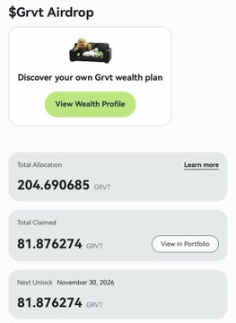 A mobile app screen for a '$Grvt Airdrop' showing a Total Allocation of 204.690685 GRVT, Total Claimed of 81.876274 GRVT, and a Next Unlock date of November 30, 2026.