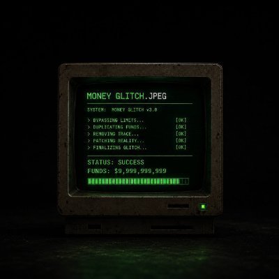An old computer monitor displaying a green terminal interface titled 'MONEY GLITCH JPEG,' showing a successful fund patch with $9,999,999,999.