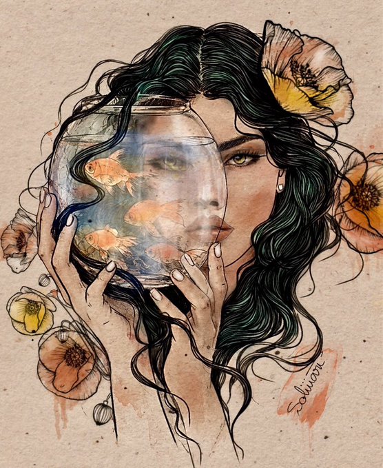 A watercolor and ink artwork of a woman with flowing dark hair holding a glass bowl containing goldfish in front of her face, decorated with orange poppies on a textured beige background.