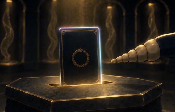 A glowing card displaying a laurel wreath symbol sits in a golden pedestal, with a golden segmented finger pointing toward it in a dimly lit, mystical chamber.