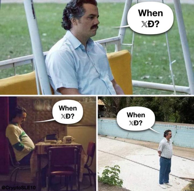 A three-panel meme features the iconic "Sad Pablo Escobar" character in various settings (sitting in a chair, leaning at a table, and standing outdoors), each accompanied by a speech bubble asking "When ẌÐ?" — humorously conveying impatient anticipation for the XRP token to launch or gain value. The watermark "@CryptoSLE10" appears in the bottom left corner.