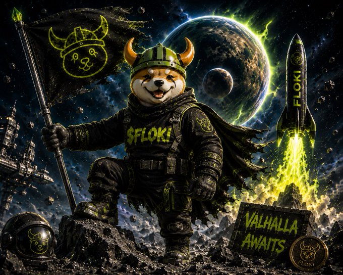 A Shiba Inu dressed as a Viking warrior wearing a helmet and armor with '$FLOKI' on the chest holds a flag, with a rocket labeled 'FLOKI' launching and 'VALHALLA AWAITS' text displayed nearby.