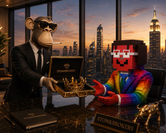 A sharply dressed Bored Ape NFT character wearing sunglasses and a suit presents a golden crown to a blocky, rainbow-suited "$STONKBROKER" mascot inside a luxury high-rise office branded with "STONKBROKERS" signage, symbolizing the symbolic passing of NFT market dominance from BAYC to STONKBROKER as it approaches its all-time high floor price of 7.5 ETH.
