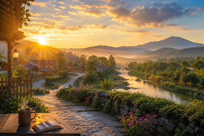 A scenic illustration of a countryside village at sunset with golden light streaming over mountains, a winding river, stone pathways, flowers, and a wooden table in the foreground holding a steaming mug and an open book.