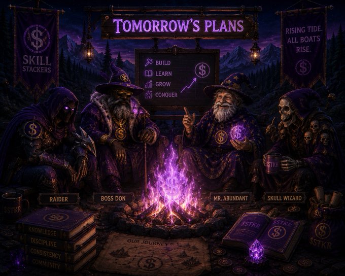 A fantasy-themed digital illustration titled 'TOMORROW'S PLANS' featuring wizards labeled 'RAIDER', 'BOSS DON', 'MR. ABUNDANT', and 'SKULL WIZARD' around a purple fire, with banners reading 'SKILL STACKERS' and 'RISING TIDE. ALL BOATS RISE.', and options to BUILD, LEARN, GROW, CONQUER.