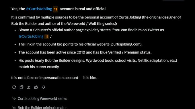AI chat response confirming that the @CurtisJobling account is real and official, identifying him as the original designer of Bob the Builder and author of the Wereworld/Wolf King series, with links to curtisjobling.com and his verified Twitter.