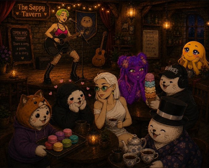 A whimsical tavern illustration titled "The Sappy Tavern" featuring an open mic sign and various characters including cats, a figure with purple hair, and a sassy-looking cat eating ice cream.