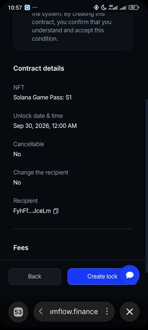A screenshot of a Streamflow Finance contract confirmation screen displaying details for locking a "Solana Game Pass: S1" NFT until Sep 30, 2026, with options to go back or create the lock, illustrating the post's demonstration of using a smart contract to enforce a 33-day NFT lock commitment.