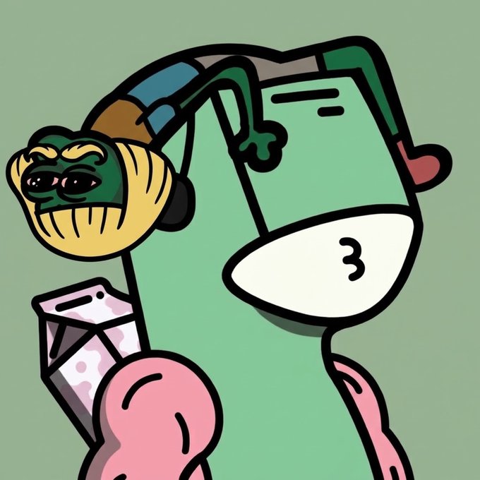 A whimsical cartoon illustration shows a surreal character with a pug dog head inside a yellow cup-like body, numbered "3" on its chest, standing next to a pink figure holding a milk carton, blending playful pop-art aesthetics with quirky mascot imagery. The bizarre composition fits the abstract "Jean Whill" theme, transforming everyday objects into a charming, chaotic visual narrative.